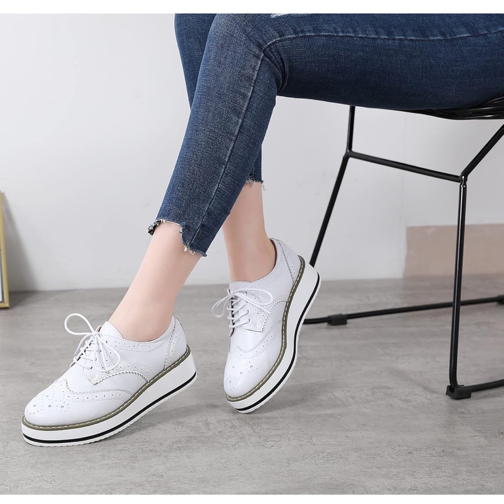 Women’s genuine Leather Platform Wingtip Oxford Shoes White Size 8
